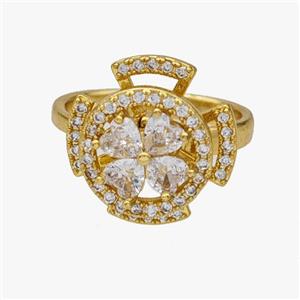 Copper Clover Rings Pave Zirconia Rotatable Adjustable Gold Plated, approx 13mm, 17mm, 18mm dia [FN46973]