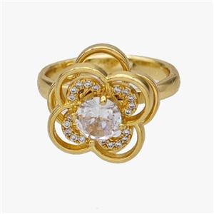 Copper Flower Rings Pave Zirconia Rotatable Adjustable Gold Plated, approx 15mm, 18mm dia [FN46977]