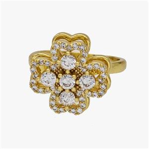 Copper Clover Rings Pave Zirconia Rotatable Adjustable Gold Plated, approx 14-15mm, 18mm dia [FN46981]