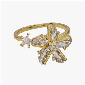 Copper Flower Rings Pave Zirconia Rotatable Adjustable Gold Plated, approx 5mm, 13mm, 18mm dia [FN46984]