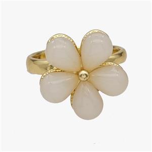 Copper Flower Rings Pave Cateye Glass Rotatable Adjustable Gold Plated, approx 18mm, 18mm dia [FN46996]