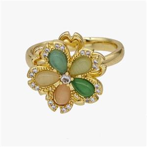 Copper Flower Rings Pave Zirconia Cateye Glass Rotatable Adjustable Gold Plated, approx 16mm, 18mm dia [FN46998]