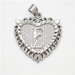 Copper Heart Pendant Letter-E Platinum Plated, approx 22mm [FN47012]