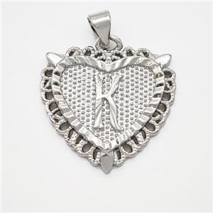 Copper Heart Pendant Letter-K Platinum Plated, approx 22mm [FN47018]