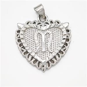 Copper Heart Pendant Letter-M Platinum Plated, approx 22mm [FN47020]