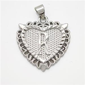 Copper Heart Pendant Letter-R Platinum Plated, approx 22mm [FN47025]