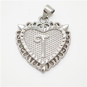 Copper Heart Pendant Letter-T Platinum Plated, approx 22mm [FN47027]