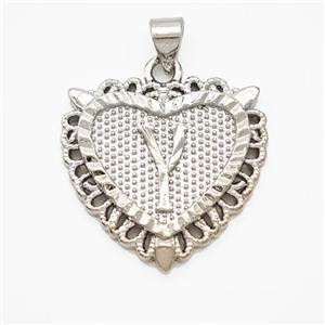 Copper Heart Pendant Letter-Y Platinum Plated, approx 22mm [FN47032]