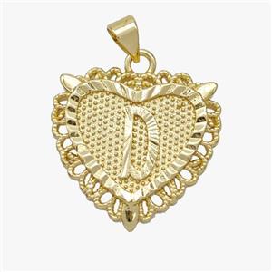 Copper Heart Pendant Letter-D Gold Plated, approx 22mm [FN47038]