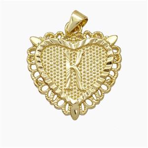 Copper Heart Pendant Letter-K Gold Plated, approx 22mm [FN47045]