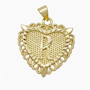 Copper Heart Pendant Letter-R Gold Plated, approx 22mm [FN47052]