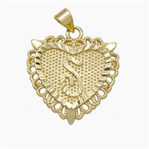 Copper Heart Pendant Letter-S Gold Plated, approx 22mm [FN47053]