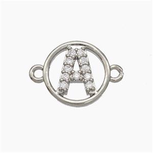 Copper Letter-A Connector Pave Zirconia Circle Platinum Plated, approx 13mm [FN47277]