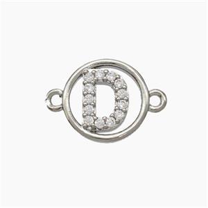 Copper Letter-D Connector Pave Zirconia Circle Platinum Plated, approx 13mm [FN47280]