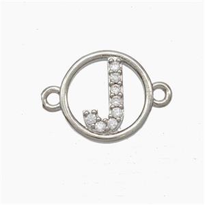 Copper Letter-J Connector Pave Zirconia Circle Platinum Plated, approx 13mm [FN47286]
