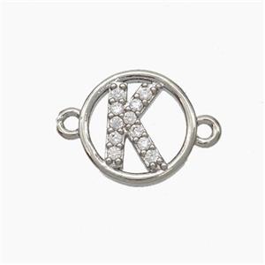 Copper Letter-K Connector Pave Zirconia Circle Platinum Plated, approx 13mm [FN47287]