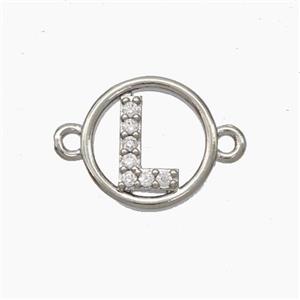 Copper Letter-L Connector Pave Zirconia Circle Platinum Plated, approx 13mm [FN47288]