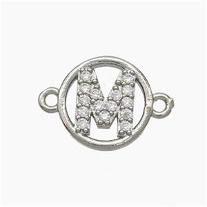 Copper Letter-M Connector Pave Zirconia Circle Platinum Plated, approx 13mm [FN47289]