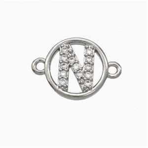 Copper Letter-N Connector Pave Zirconia Circle Platinum Plated, approx 13mm [FN47290]