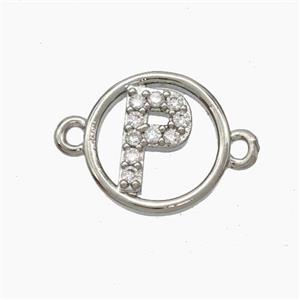 Copper Letter-P Connector Pave Zirconia Circle Platinum Plated, approx 13mm [FN47292]