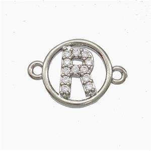 Copper Letter-R Connector Pave Zirconia Circle Platinum Plated, approx 13mm [FN47294]