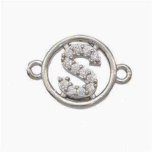 Copper Letter-S Connector Pave Zirconia Circle Platinum Plated, approx 13mm [FN47295]