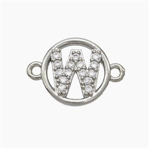 Copper Letter-W Connector Pave Zirconia Circle Platinum Plated, approx 13mm [FN47299]