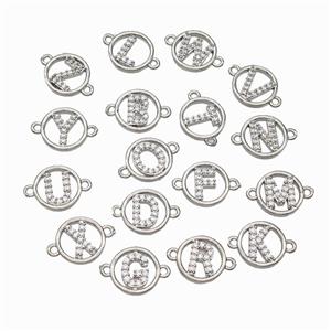 Copper Alphabet Connector Pave Zirconia Mix Letters Circle Platinum Plated, approx 13mm [FN47303]