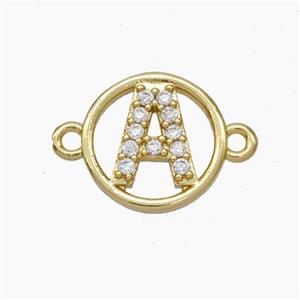 Copper Letter-A Connector Pave Zirconia Circle Gold Plated, approx 13mm [FN47304]