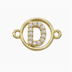 Copper Letter-D Connector Pave Zirconia Circle Gold Plated, approx 13mm [FN47307]