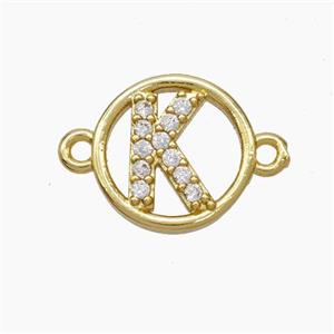 Copper Letter-K Connector Pave Zirconia Circle Gold Plated, approx 13mm [FN47314]