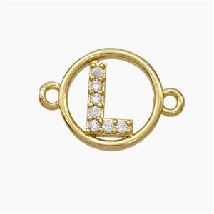 Copper Letter-L Connector Pave Zirconia Circle Gold Plated, approx 13mm [FN47315]