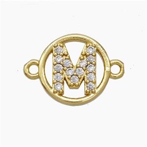 Copper Letter-M Connector Pave Zirconia Circle Gold Plated, approx 13mm [FN47316]