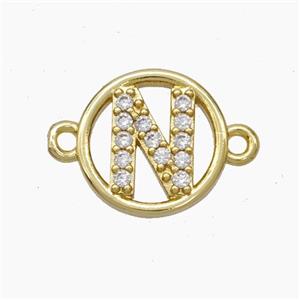Copper Letter-N Connector Pave Zirconia Circle Gold Plated, approx 13mm [FN47317]