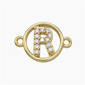 Copper Letter-R Connector Pave Zirconia Circle Gold Plated, approx 13mm [FN47321]