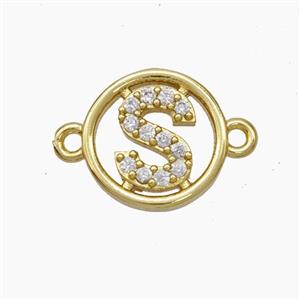 Copper Letter-S Connector Pave Zirconia Circle Gold Plated, approx 13mm [FN47322]