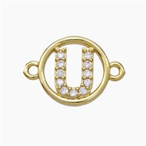 Copper Letter-U Connector Pave Zirconia Circle Gold Plated, approx 13mm [FN47324]