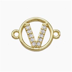 Copper Letter-V Connector Pave Zirconia Circle Gold Plated, approx 13mm [FN47325]