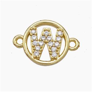 Copper Letter-W Connector Pave Zirconia Circle Gold Plated, approx 13mm [FN47326]
