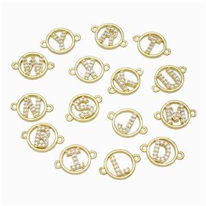 Copper Alphabet Connector Pave Zirconia Mix Letters Circle Gold Plated, approx 13mm [FN47330]