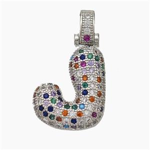 Copper Letter-J Pendant Micropave Zirconia Platinum Plated, approx 15-20mm, 5-8mm [FN47340]