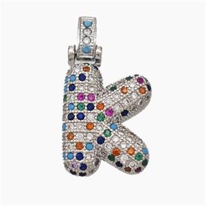Copper Letter-K Pendant Micropave Zirconia Platinum Plated, approx 15-20mm, 5-8mm [FN47341]