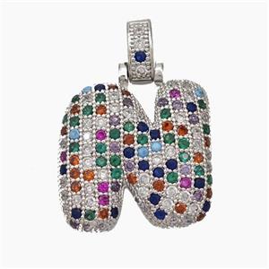 Copper Letter-N Pendant Micropave Zirconia Platinum Plated, approx 15-20mm, 5-8mm [FN47344]