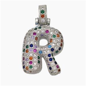 Copper Letter-R Pendant Micropave Zirconia Platinum Plated, approx 15-20mm, 5-8mm [FN47348]