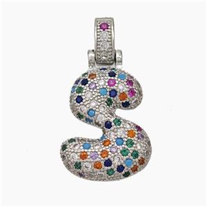 Copper Letter-S Pendant Micropave Zirconia Platinum Plated, approx 15-20mm, 5-8mm [FN47349]