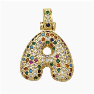 Copper Letter-A Pendant Micropave Multicolor Zirconia Gold Plated, approx 15-20mm, 5-8mm [FN47358]
