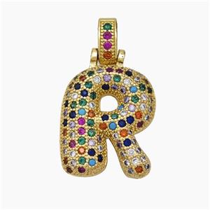 Copper Letter-R Pendant Micropave Zirconia Gold Plated, approx 15-20mm, 5-8mm [FN47375]