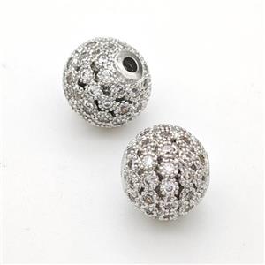 Round Copper Beads Micropave Zirconia Hollow Platinum Plated, approx 10mm [FN47520]