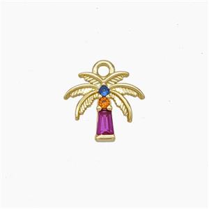 Copper Coconut Tree Charms Pendant Micropave Zirconia Palm Gold Plated, approx 8-9mm [FN47544]