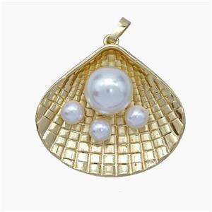Scallop Shell Charms Copper Pendant Pave Pearlized Resin Gold Plated, approx 27-30mm [FN47573]